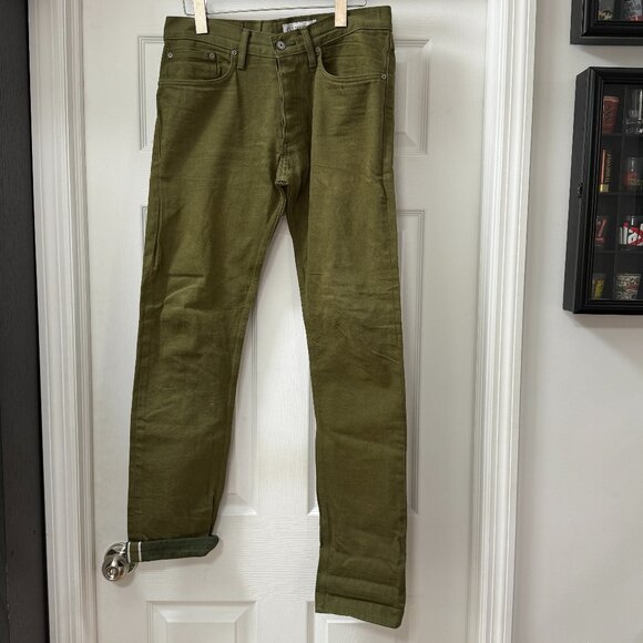 Gustin #159 Japan Olive Japanese Selvedge Denim Jeans Button Fly Slim size 32 - Picture 1 of 13